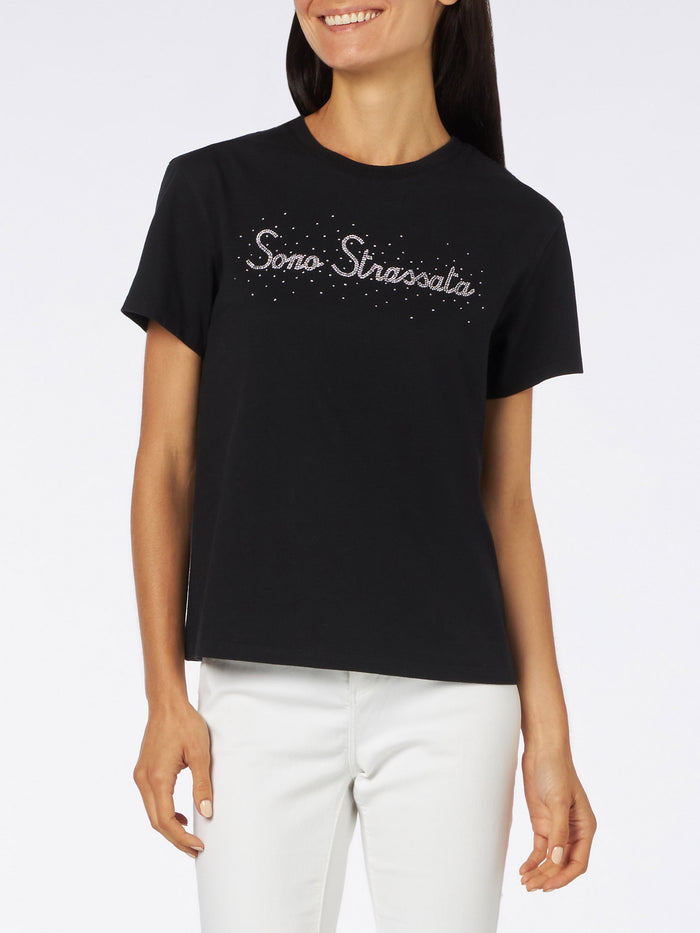 Black Emilie Cotton T-Shirt With Rhinestone Print