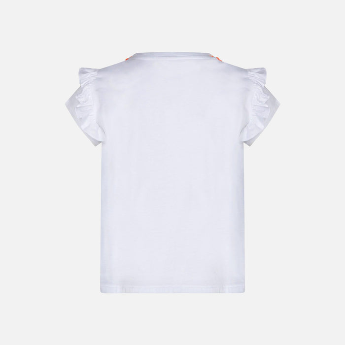 Girl Cotton T-Shirt With Flounce And Embroidery White