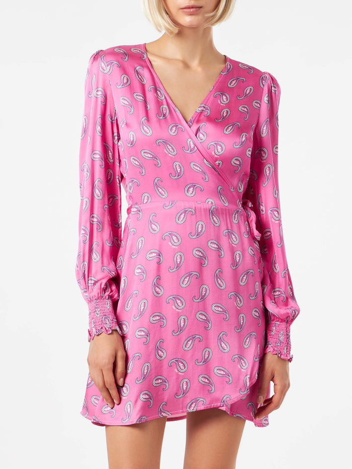 Satin Wrap Dress With Paisley Print Pink