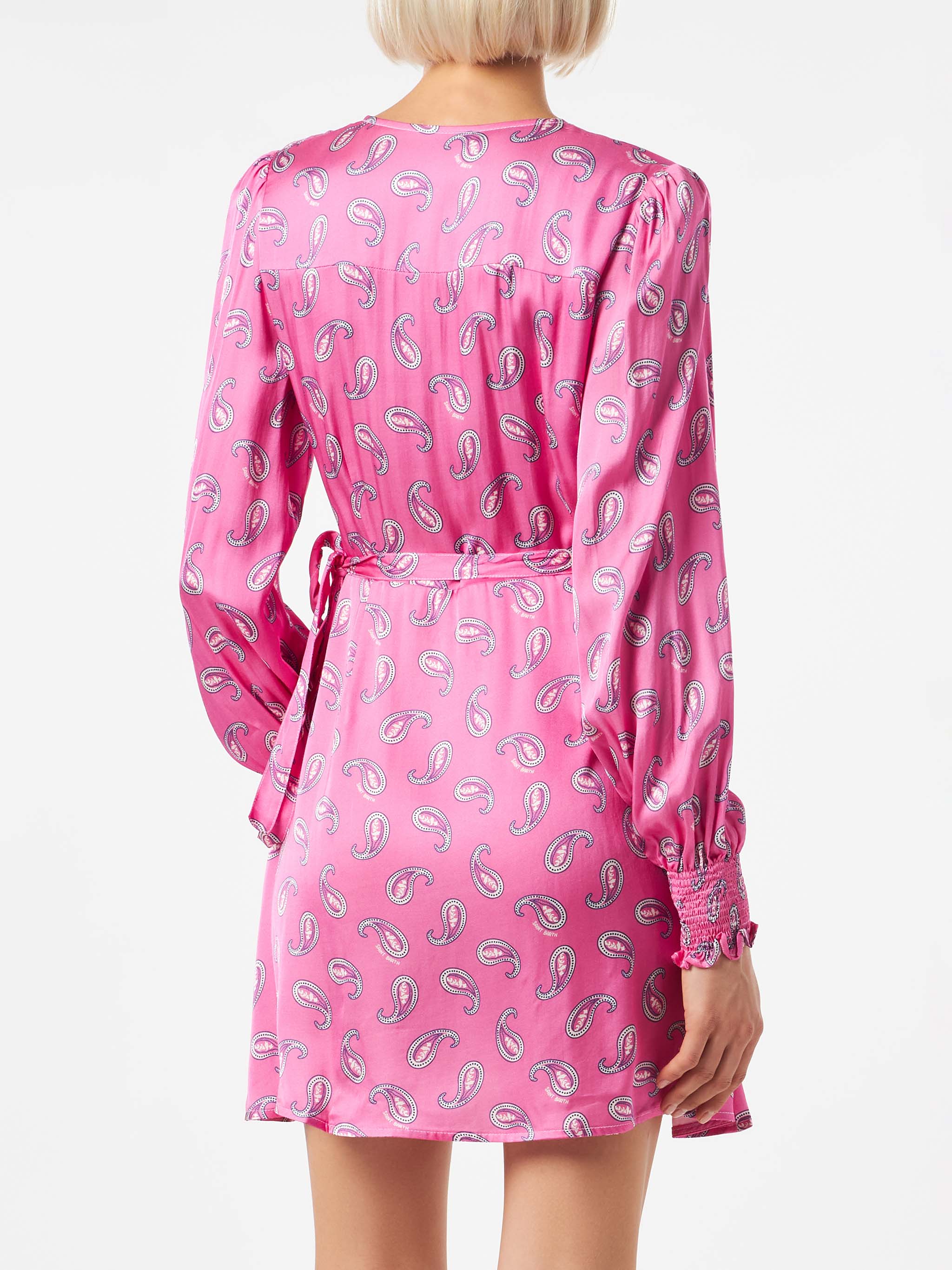 Satin Wrap Dress With Paisley Print Pink