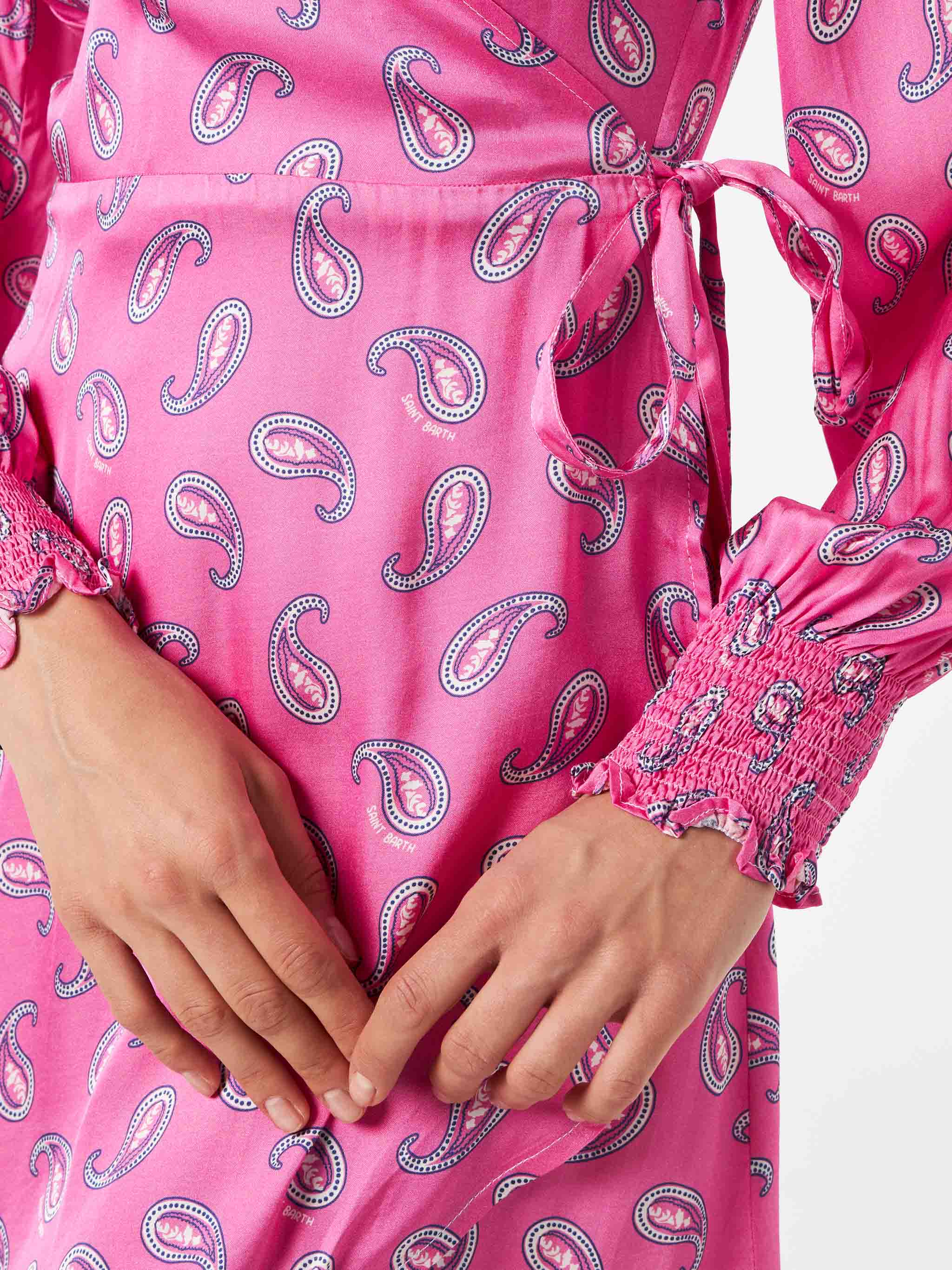 Satin Wrap Dress With Paisley Print Pink
