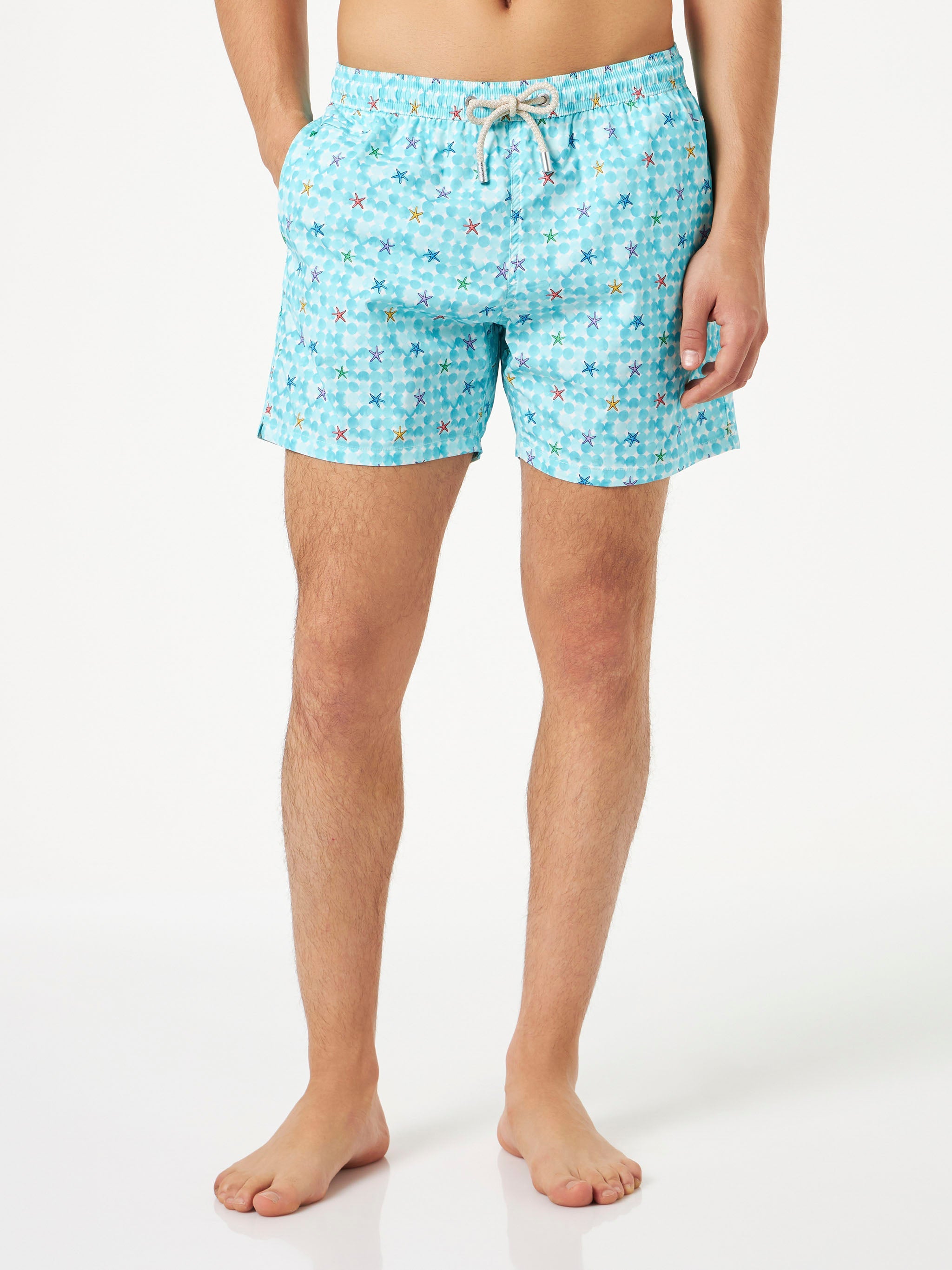 Man Stretch Fabric Comfort Swim Shorts With Sea Star Print White Swimshort