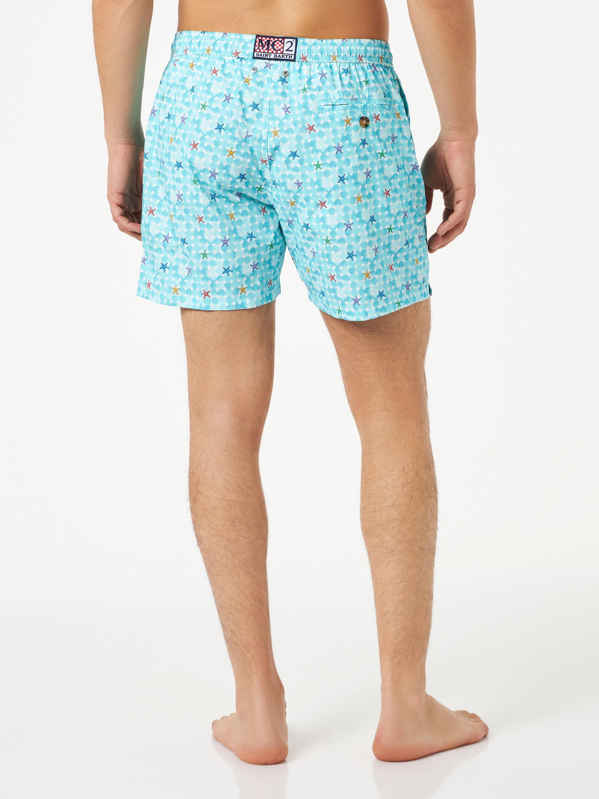Man Stretch Fabric Comfort Swim Shorts With Sea Star Print White Swimshort