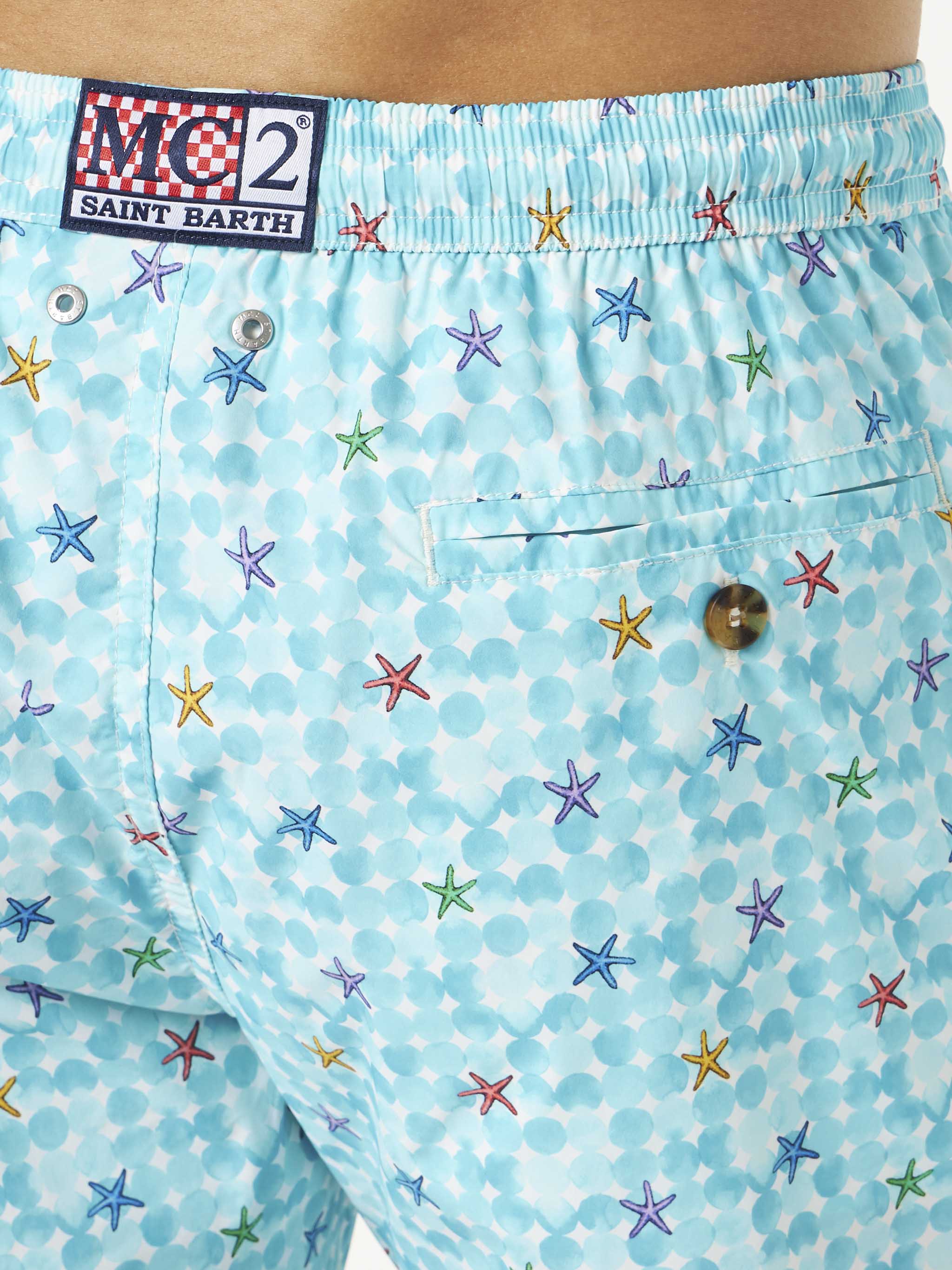 Man Stretch Fabric Comfort Swim Shorts With Sea Star Print White Swimshort