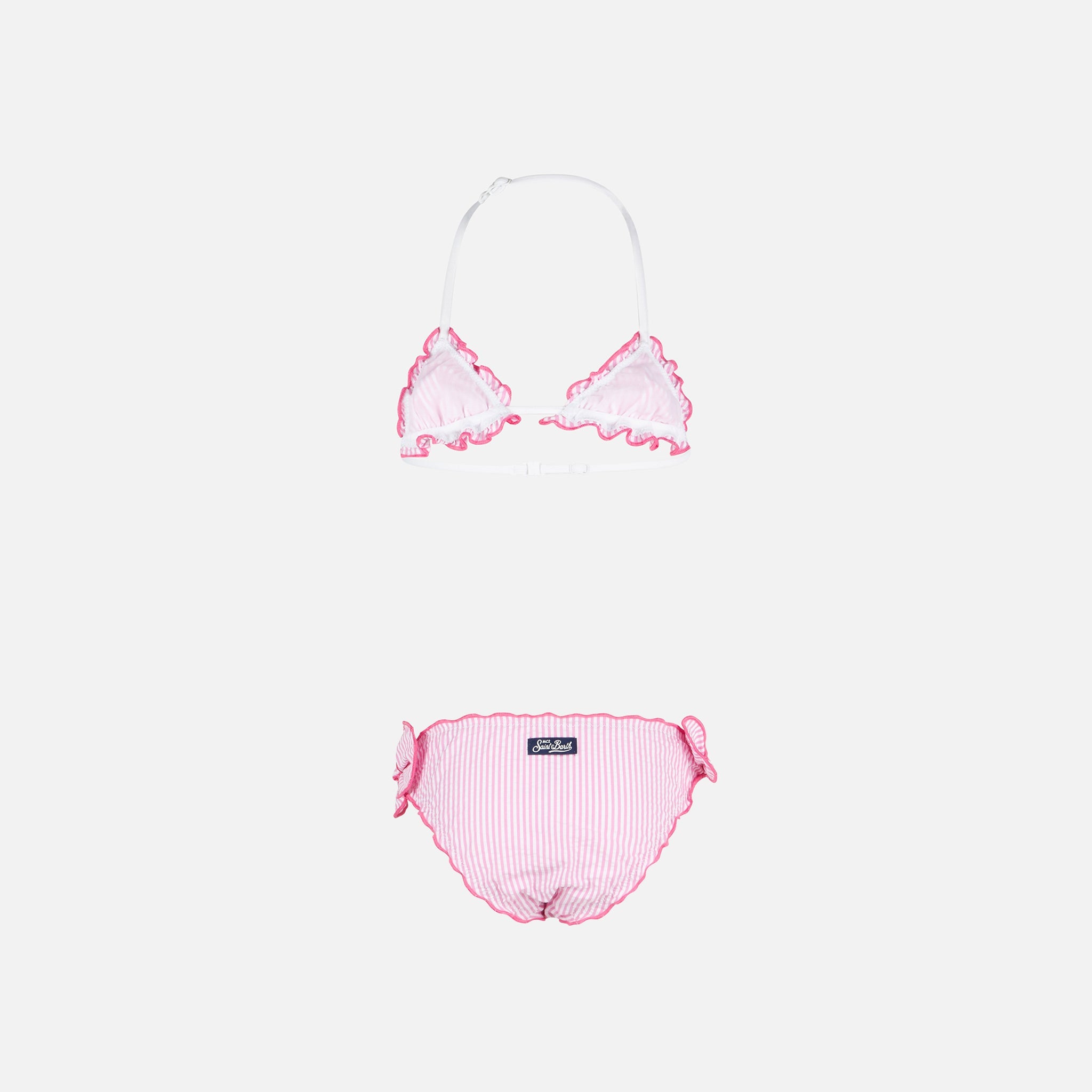 Girl Triangle Seersucker Bikini With Stripes Pink