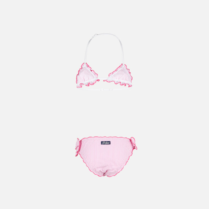 Girl Triangle Seersucker Bikini With Stripes Pink