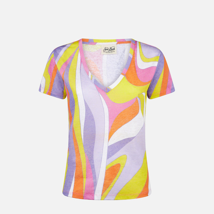 Eloise Linen T-Shirt With Wave Print Orange