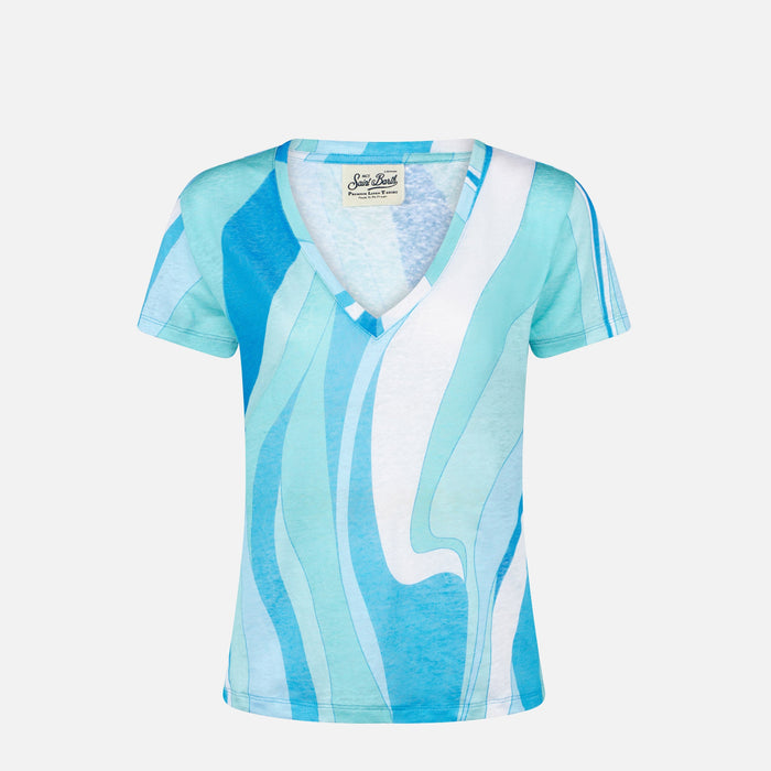 Multicolor Wave Eloise Linen T-Shirt Blue