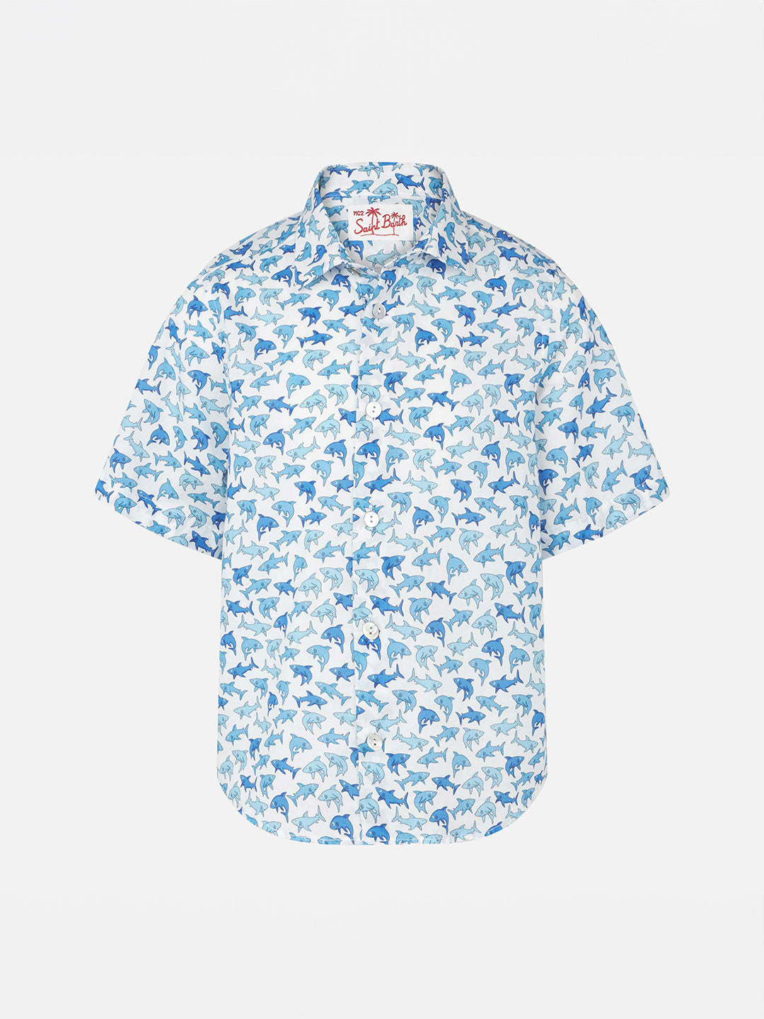 Boy Shirt With Light Blue Sharks All Over Print White