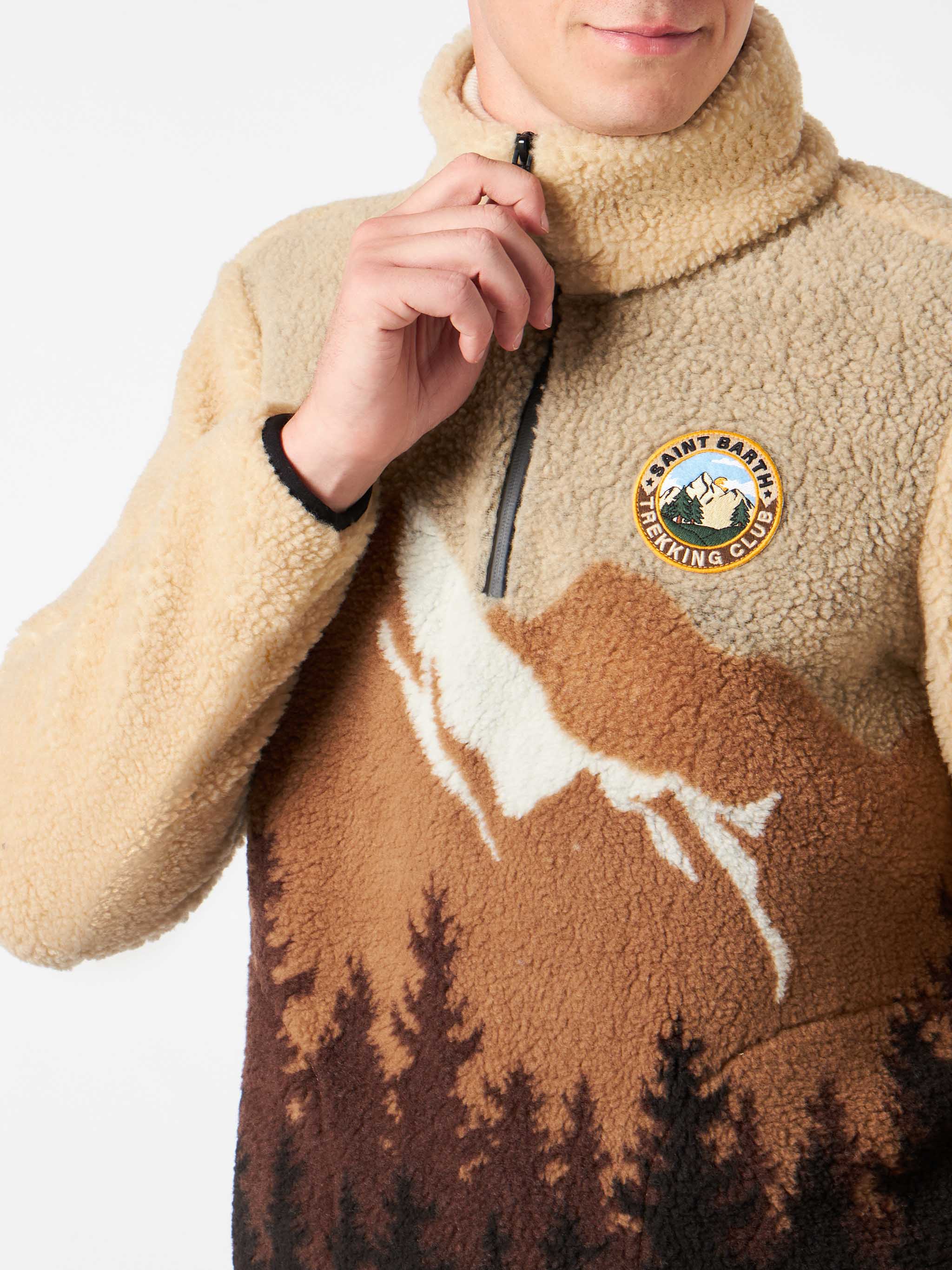 Man Sherpa Zipped Jacket With Saint Barth Patch White Sweatshirt