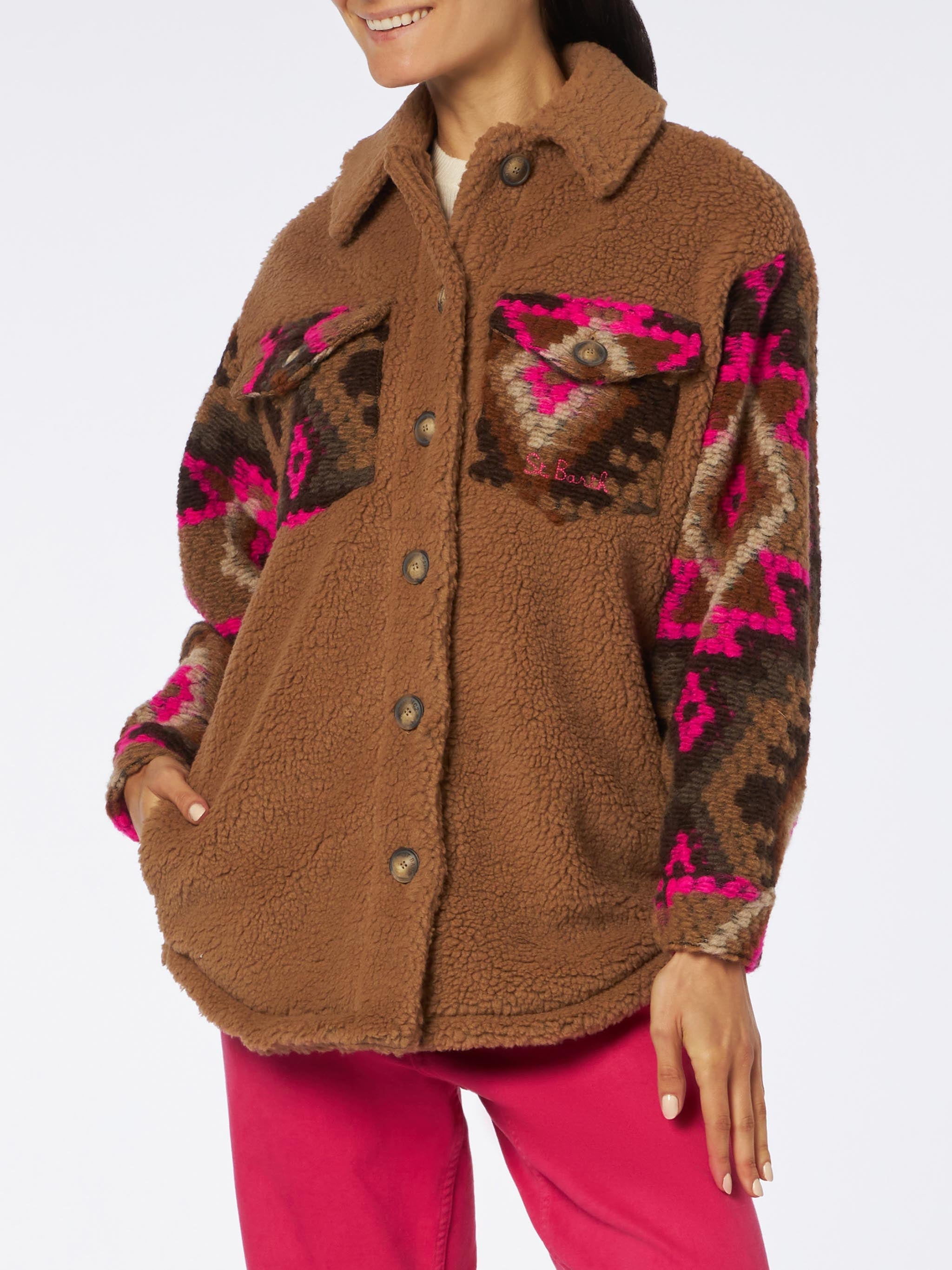 Elys Sherpa Overshirt With Ethnic Print Brown Jacket