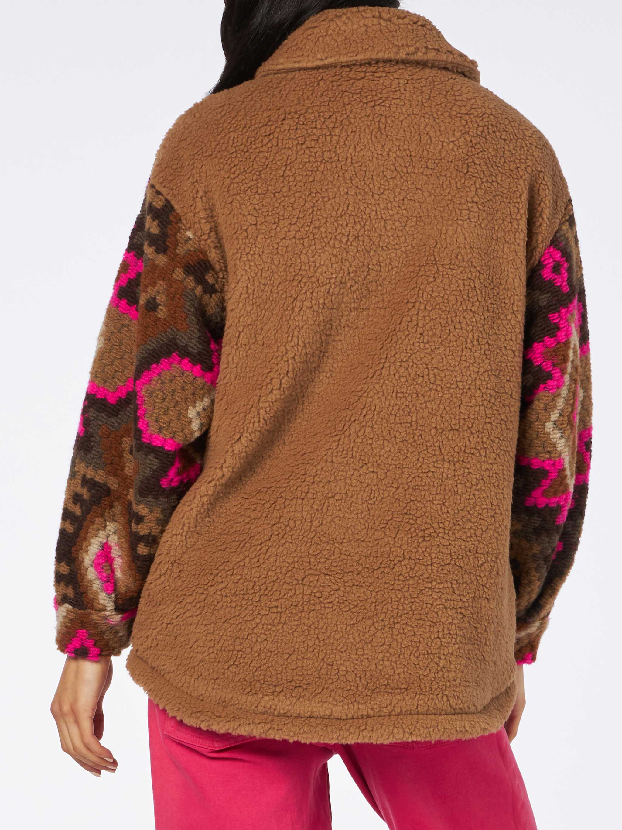 Elys Sherpa Overshirt With Ethnic Print Brown Jacket