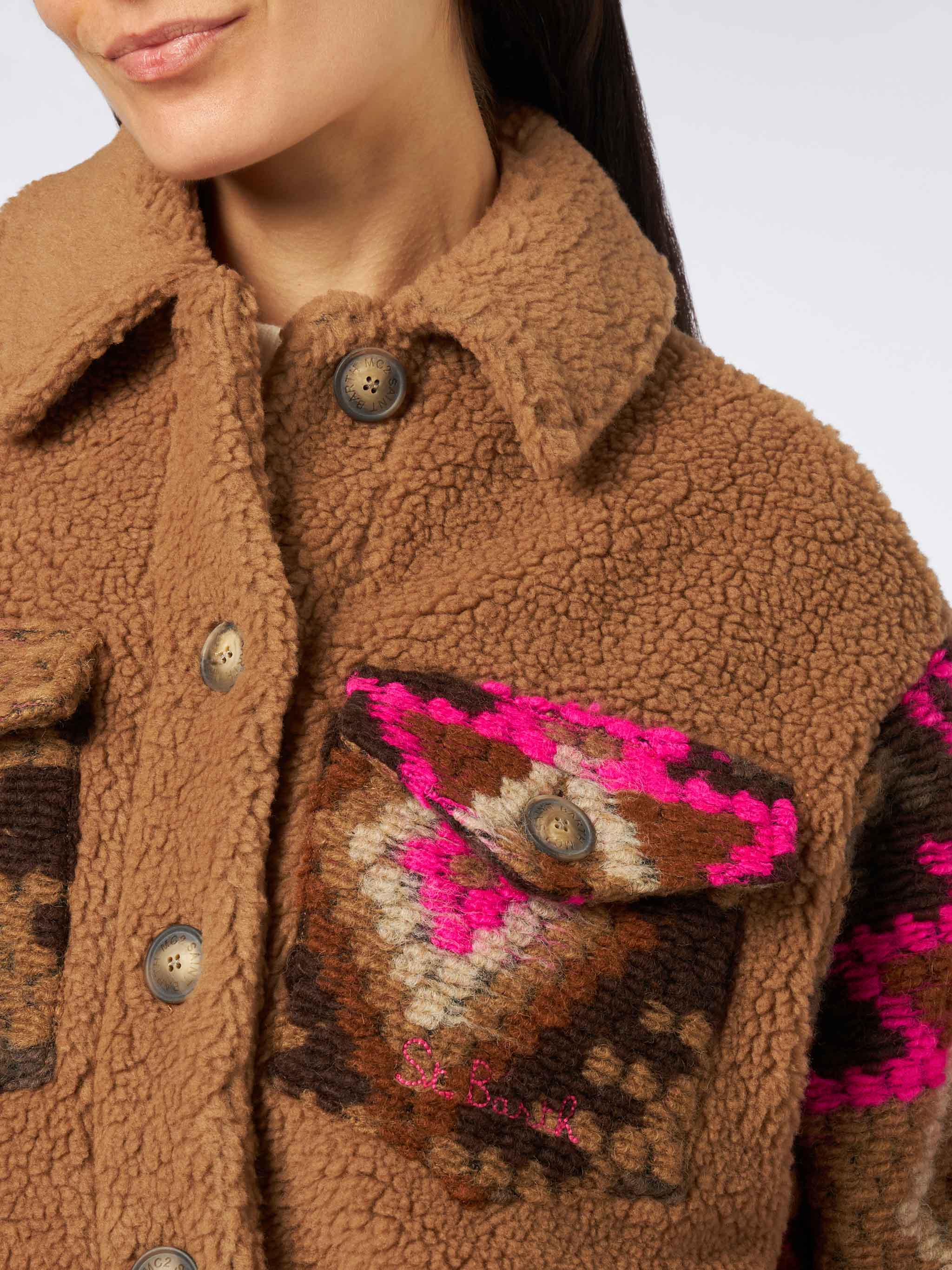 Elys Sherpa Overshirt With Ethnic Print Brown Jacket