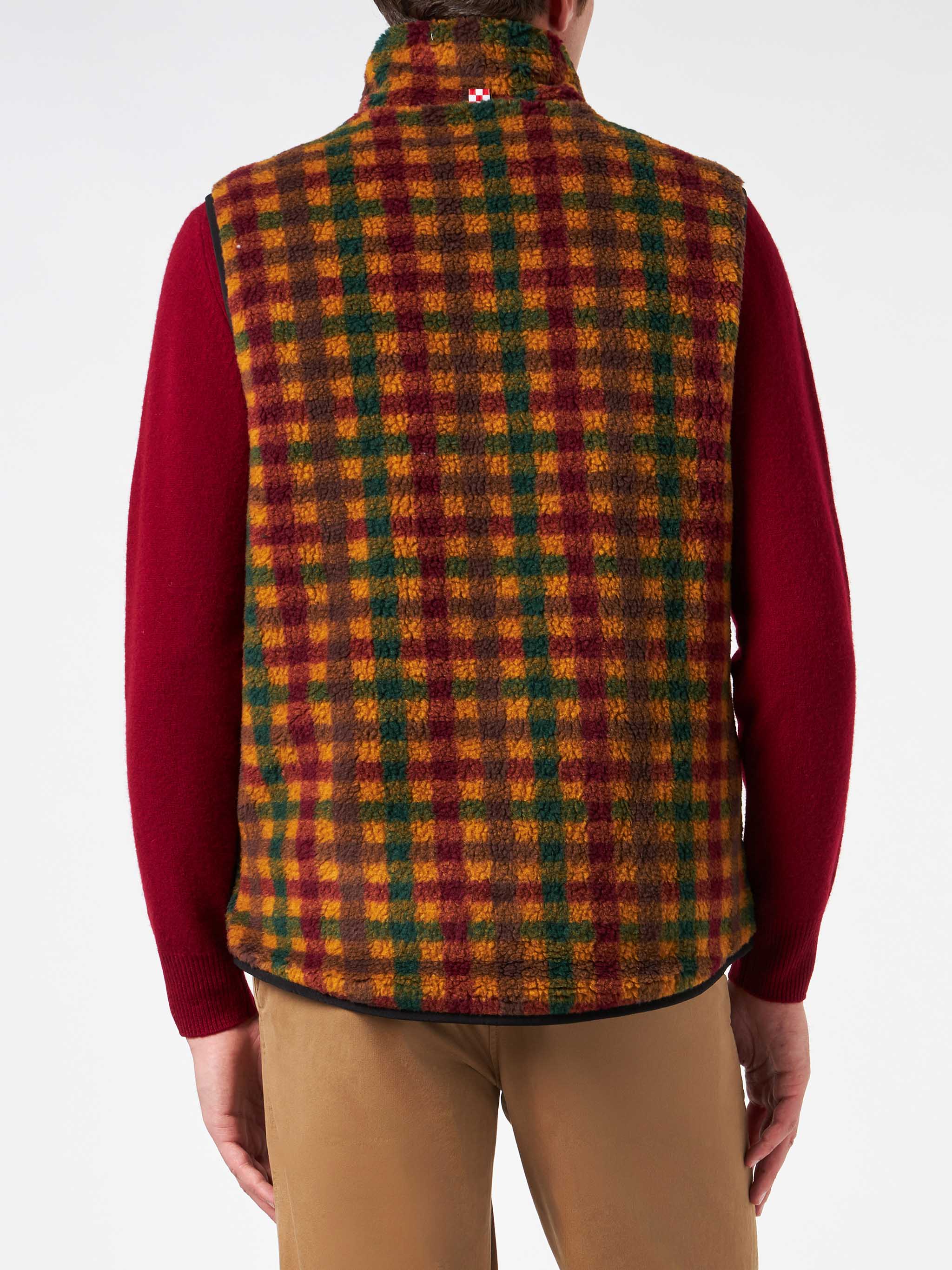 Man Check Sherpa Vest Jacket With Patch Pockets Brown