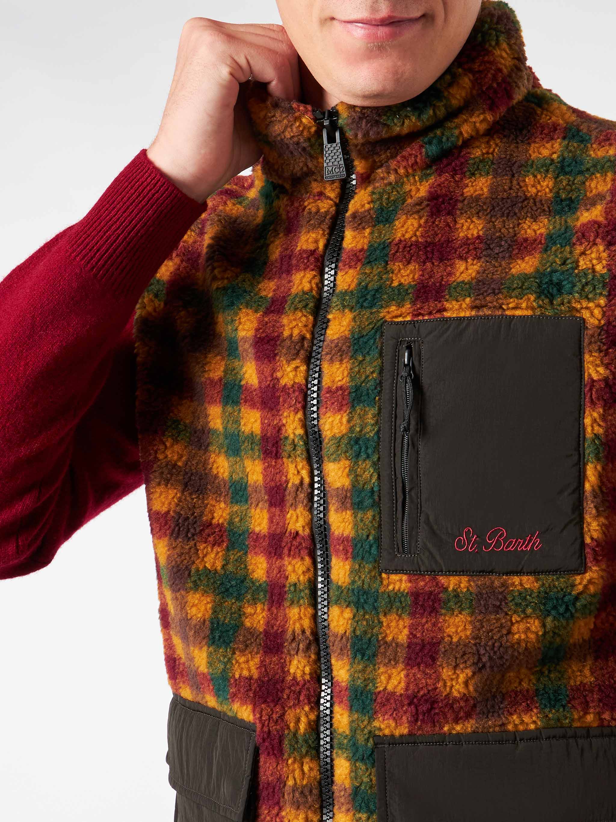 Man Check Sherpa Vest Jacket With Patch Pockets Brown