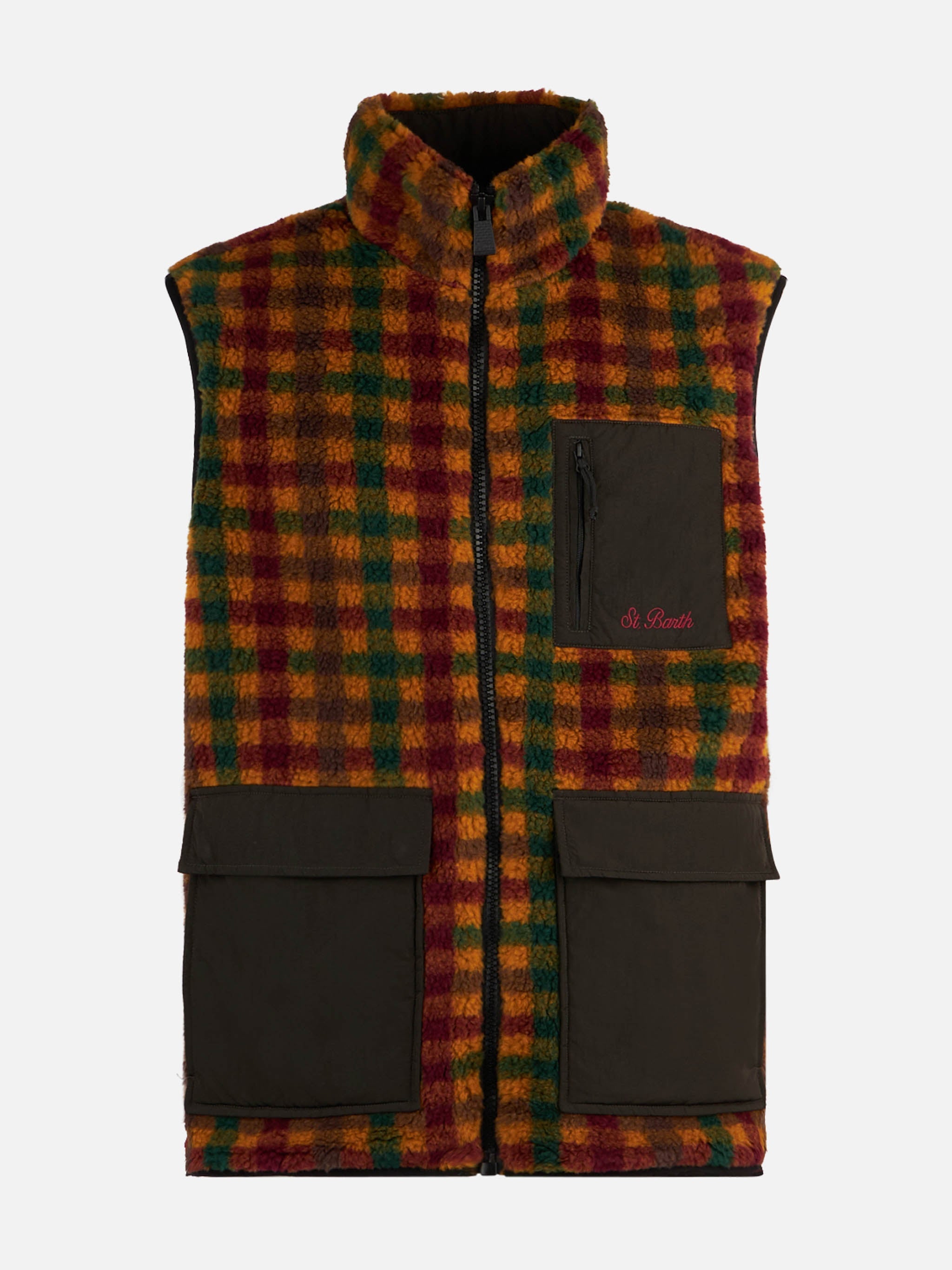 Man Check Sherpa Vest Jacket With Patch Pockets Brown