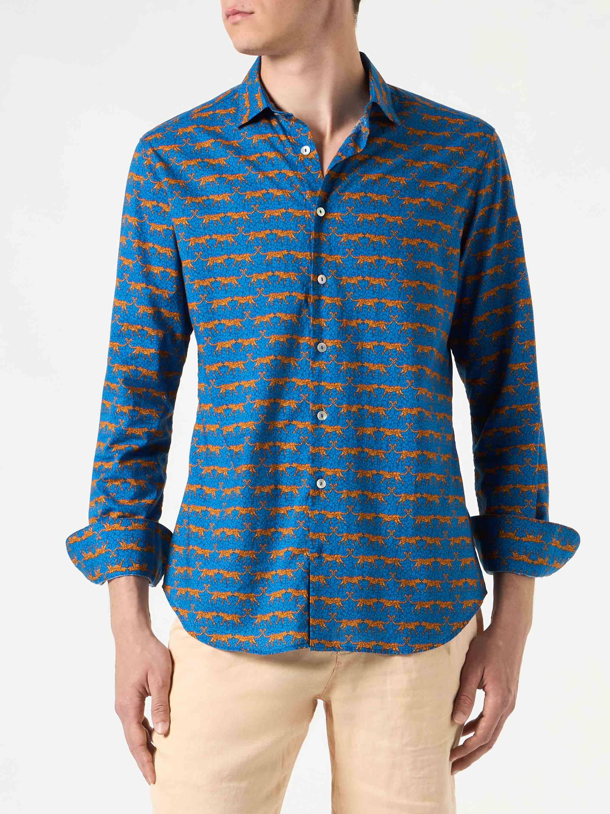 Man Muslin Cotton Sikelia Shirt With Wild Cat Print Blue