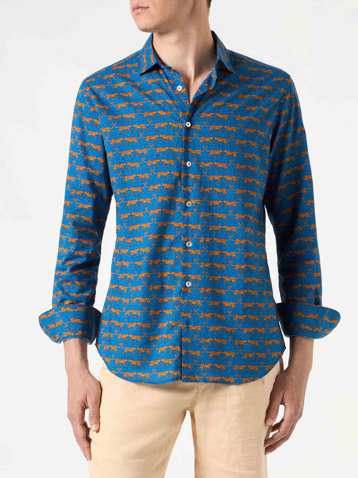 Man Muslin Cotton Sikelia Shirt With Wild Cat Print Blue
