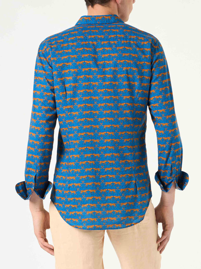 Man Muslin Cotton Sikelia Shirt With Wild Cat Print Blue