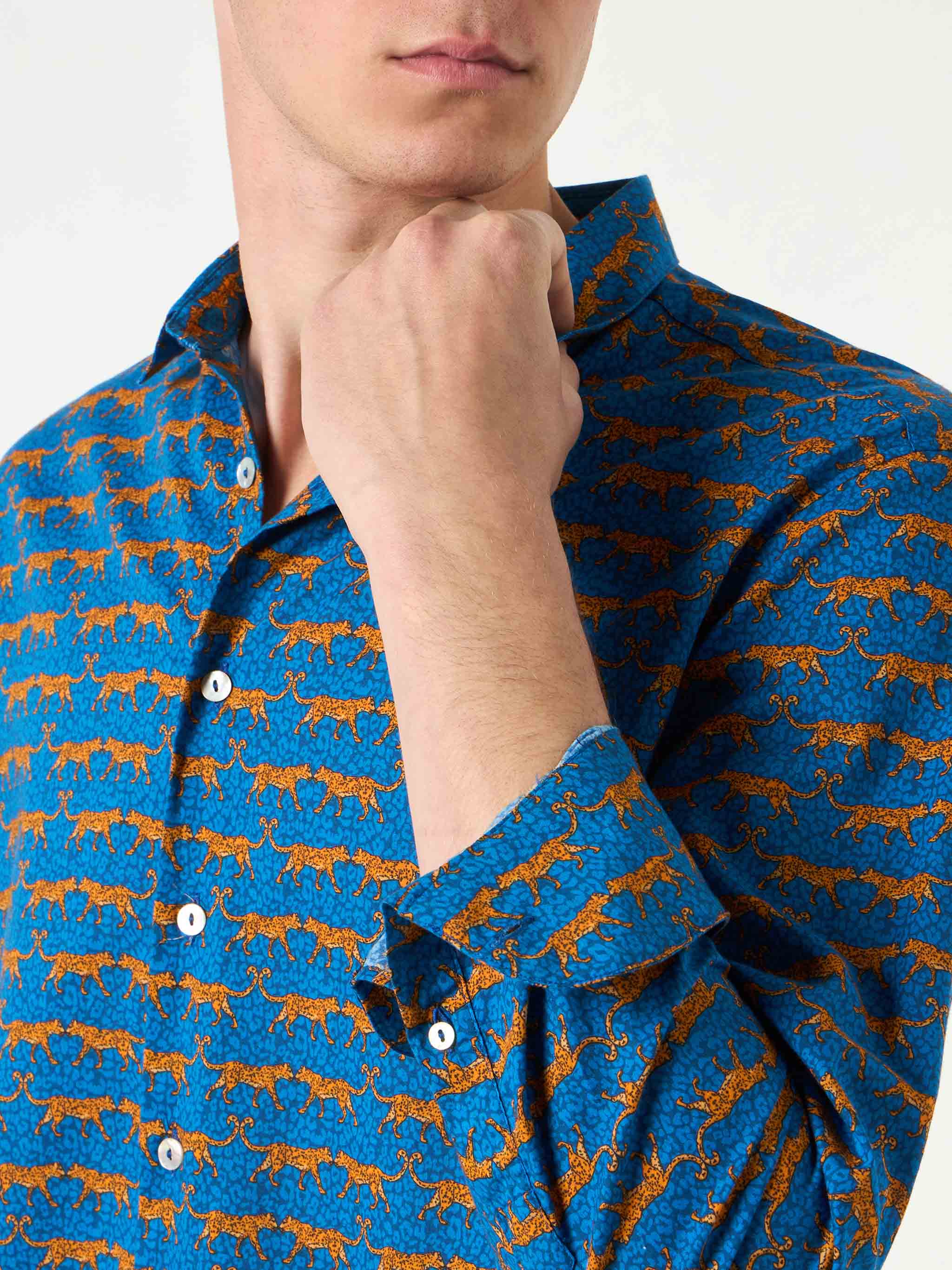 Man Muslin Cotton Sikelia Shirt With Wild Cat Print Blue