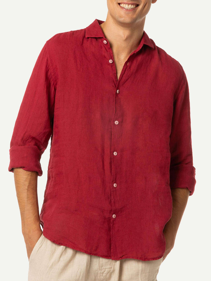 Man Burgundy Linen Pamplona Shirt Red