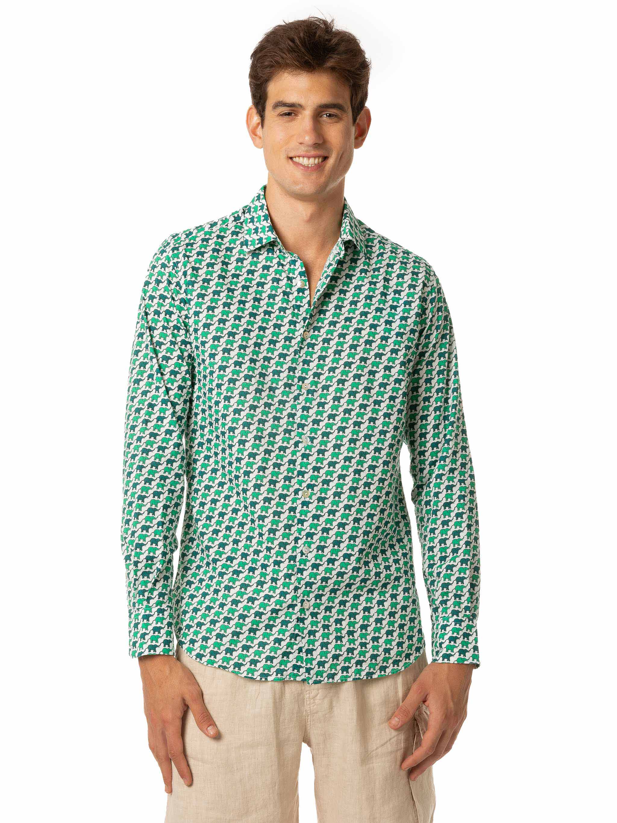 Man Muslin Cotton Sikelia Shirt With Elephant Print White