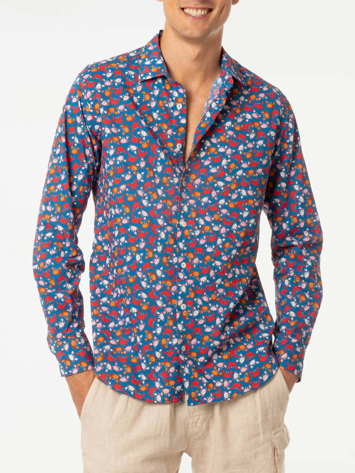 Man Muslin Cotton Sikelia Shirt With Crab Print Blue