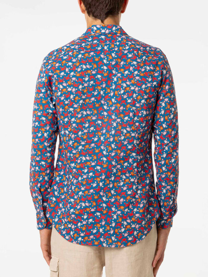 Man Muslin Cotton Sikelia Shirt With Crab Print Blue