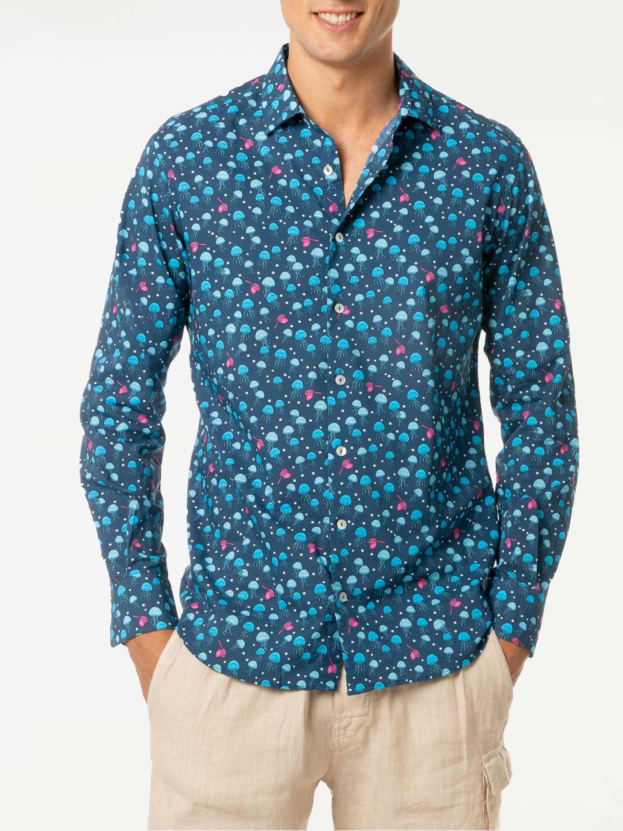 Man Muslin Cotton Sikelia Shirt With Jellyfish Print Blue