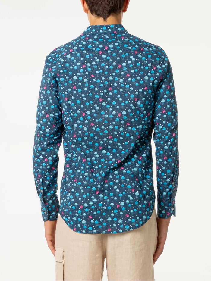 Man Muslin Cotton Sikelia Shirt With Jellyfish Print Blue