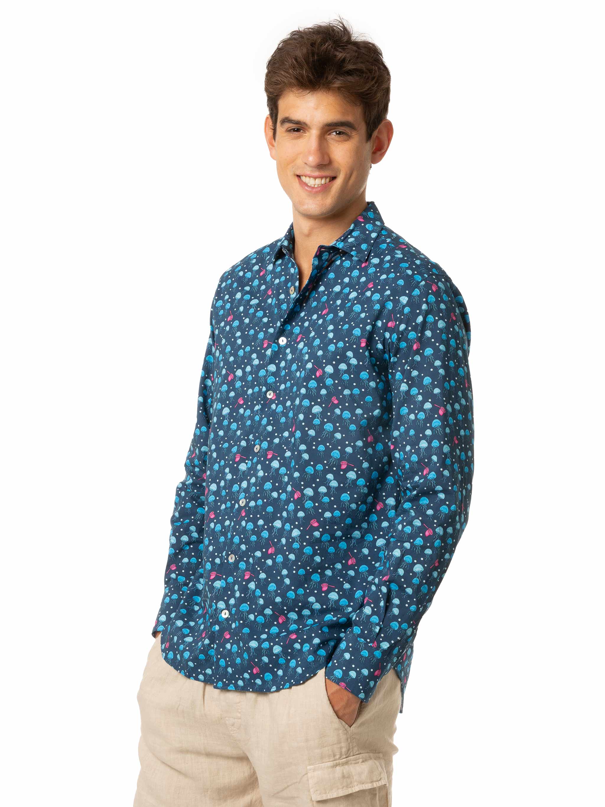 Man Muslin Cotton Sikelia Shirt With Jellyfish Print Blue