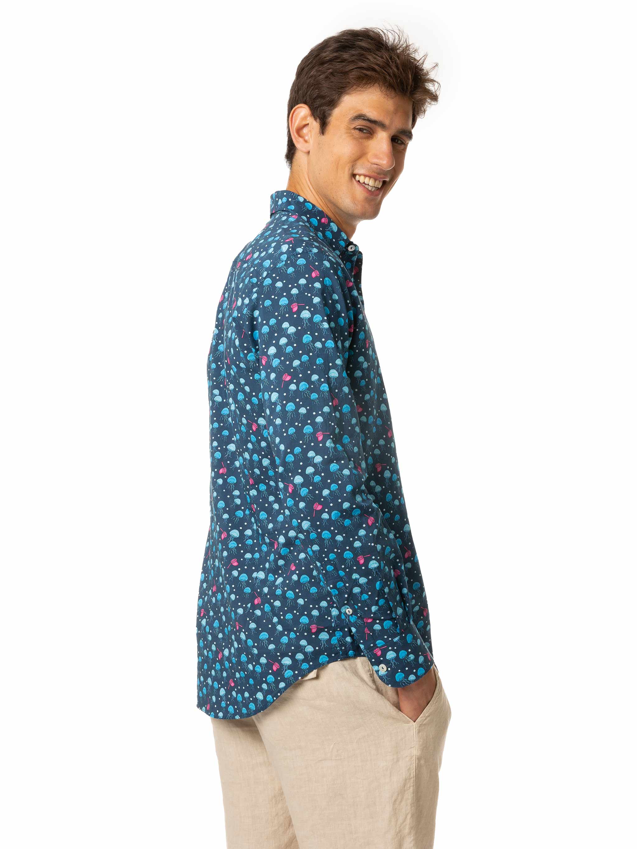 Man Muslin Cotton Sikelia Shirt With Jellyfish Print Blue