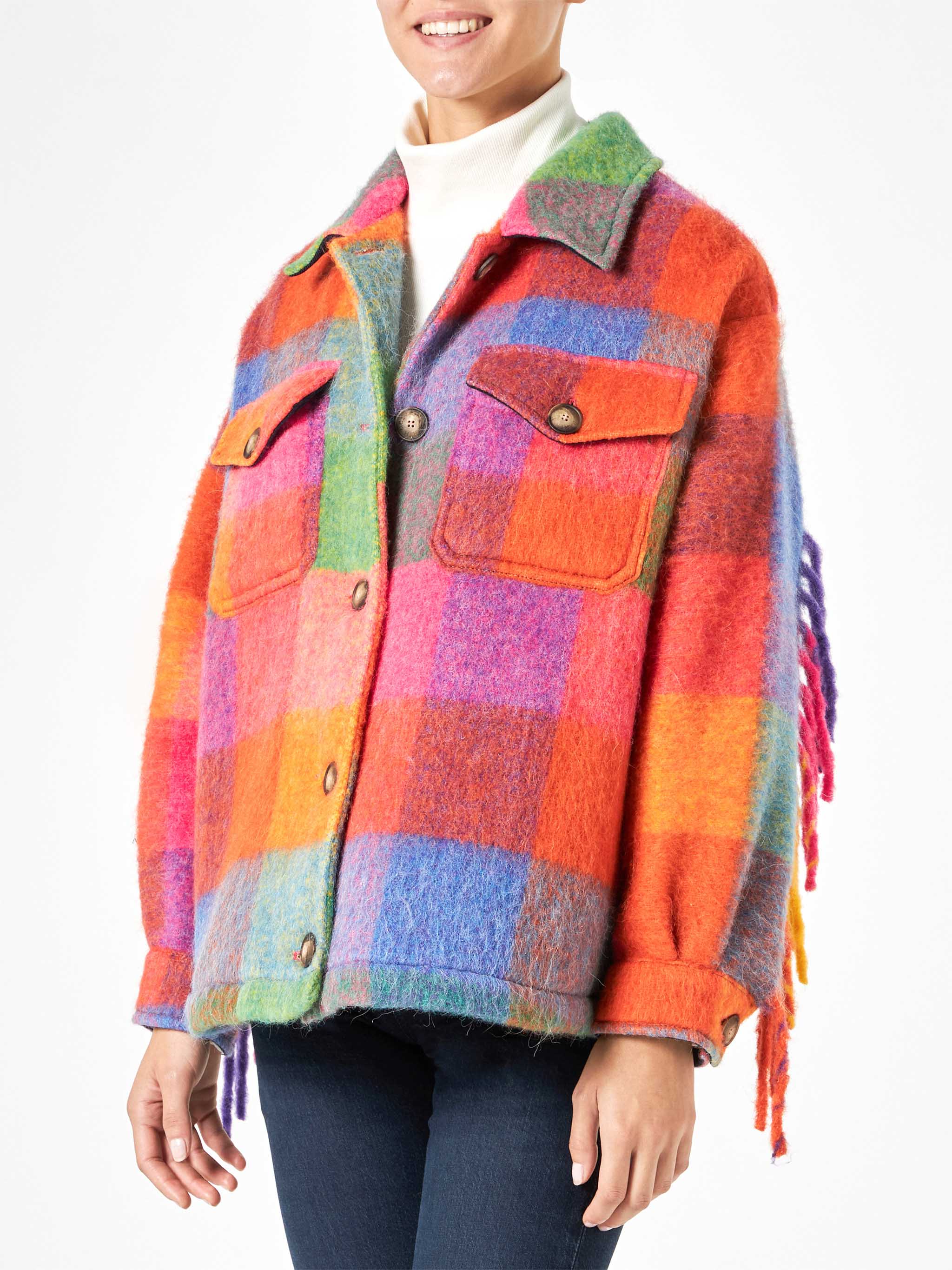 Marceline Multicolor Check Overshirt With Fringes Jacket