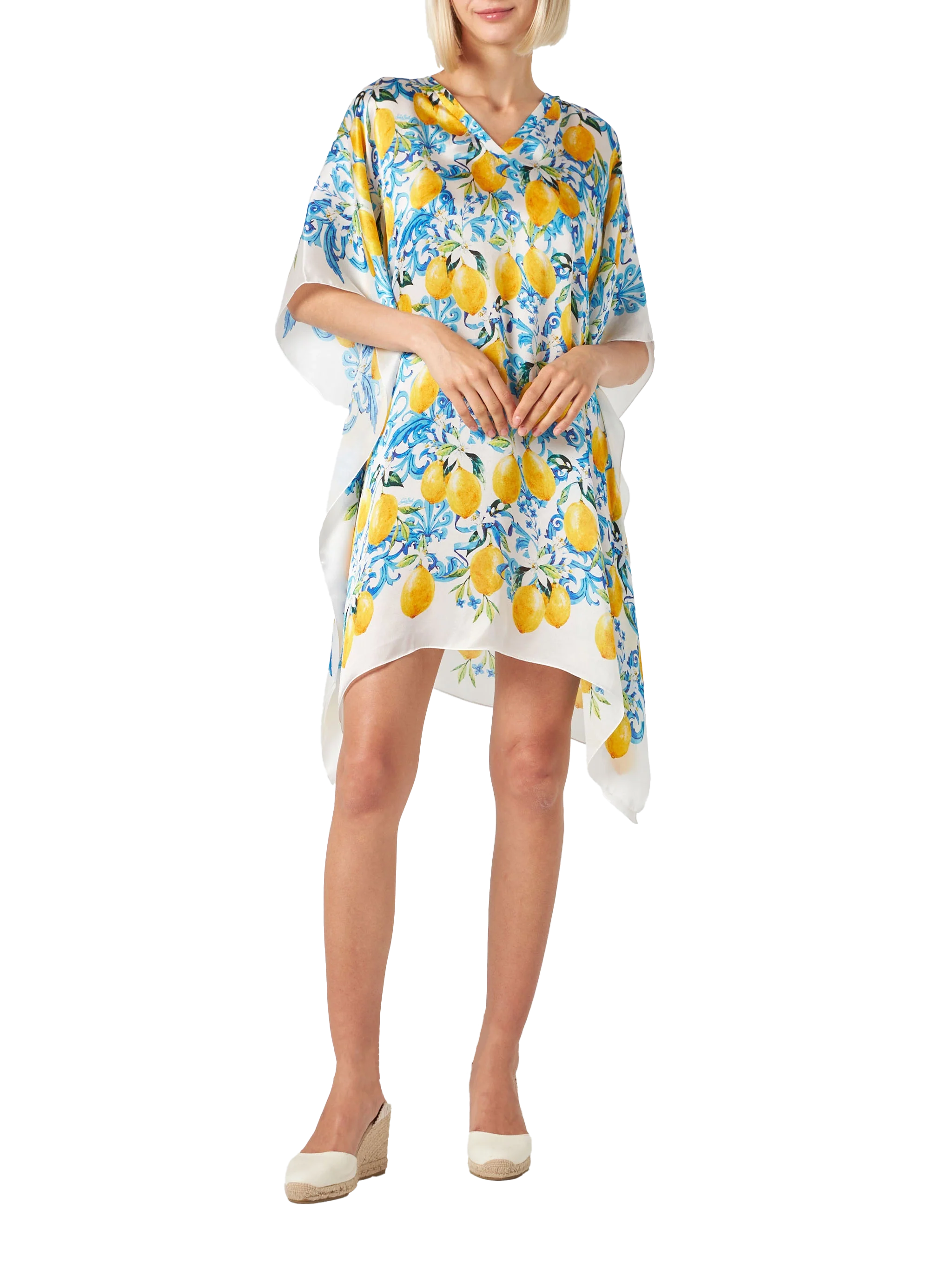 Lemons And Maiolica Print Silk Caftan White Sarong