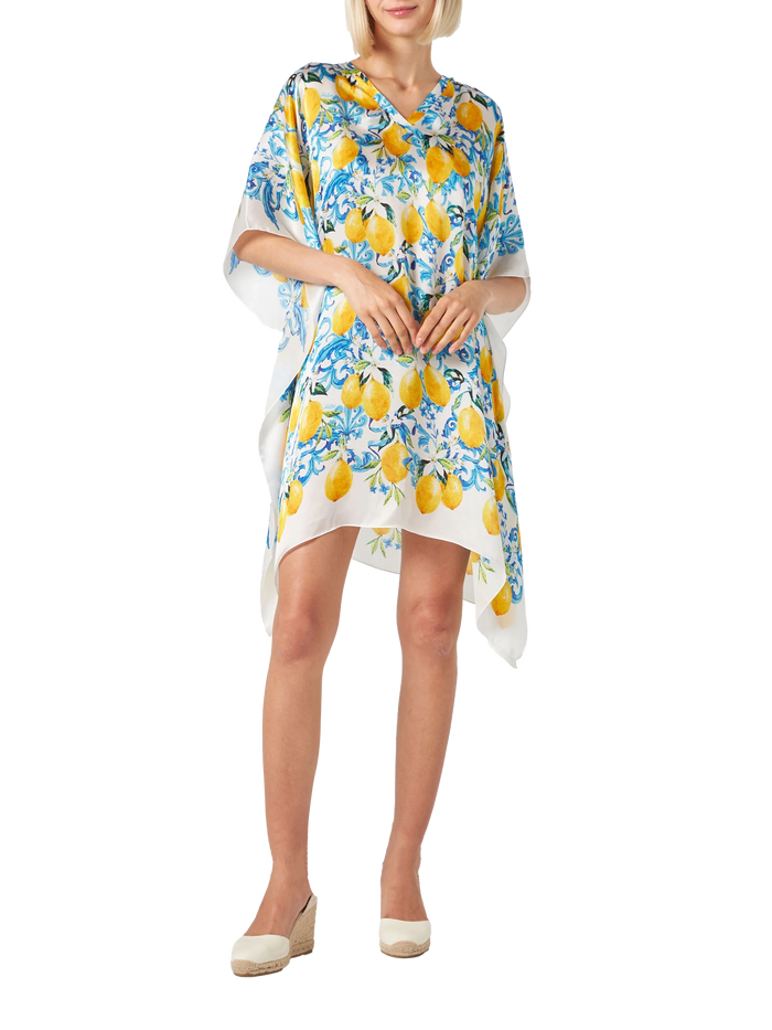 Lemons And Maiolica Print Silk Caftan White Sarong
