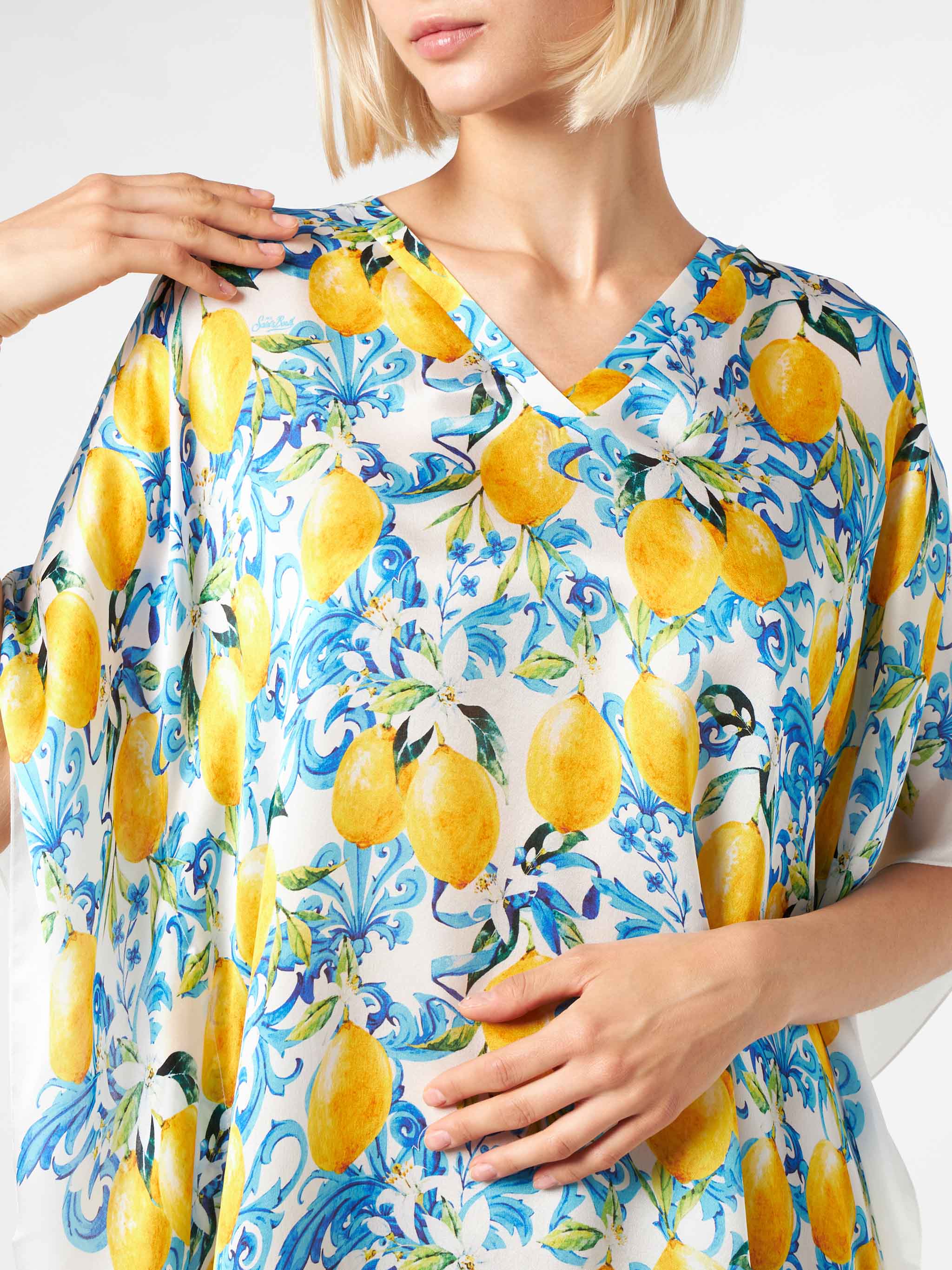 Lemons And Maiolica Print Silk Caftan White Sarong