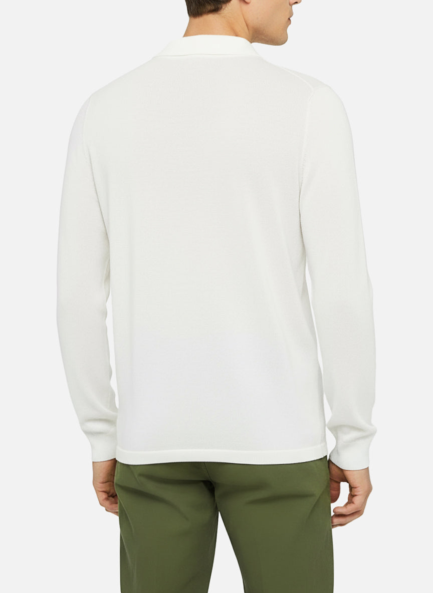 Sloan White Buttonless Knitted Polo Shirt With Long Sleeves Knitwear
