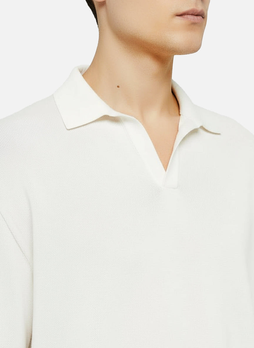 Sloan White Buttonless Knitted Polo Shirt With Long Sleeves Knitwear