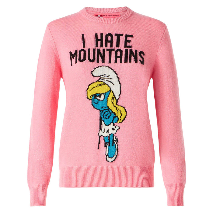 Queen Pink Sweater With Angry Smurfette Print And I Hate Mountains Embroidery | Special Edition