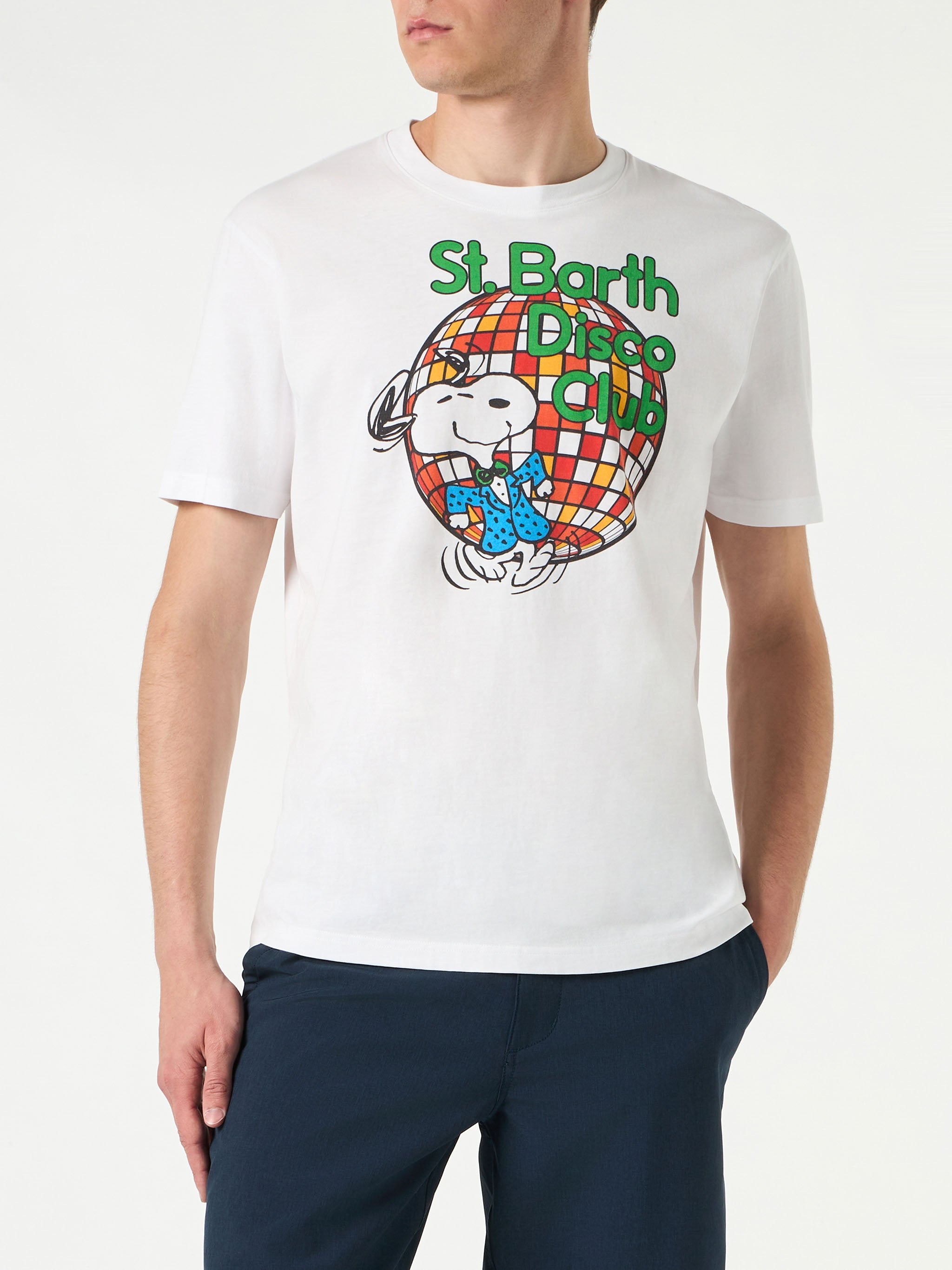 Man Cotton T-Shirt With St. Barth Disco Club And Snoopy Print | - Peanuts™ Special Edition White
