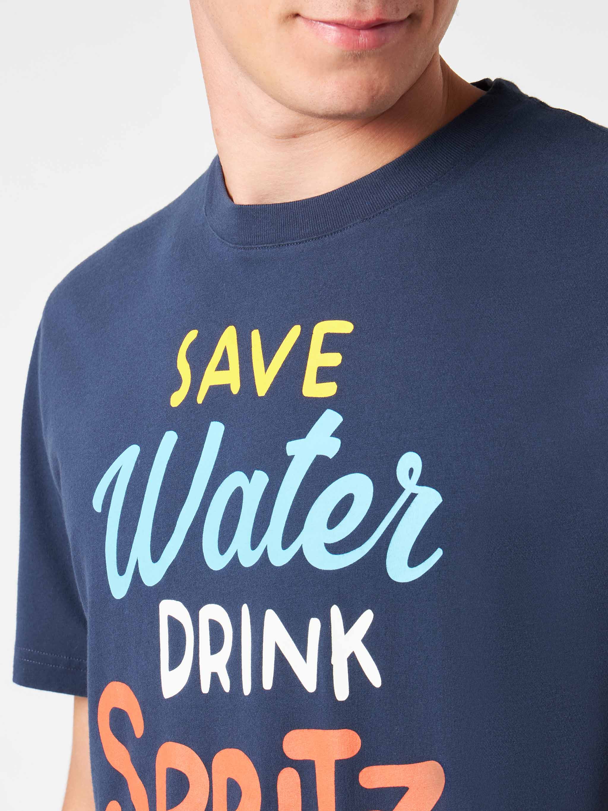Man Heavy Cotton T-Shirt With Spritz Print Blue