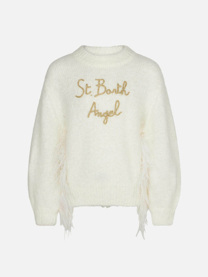 Girl Brushed White Crewneck Sweater With Embroidery