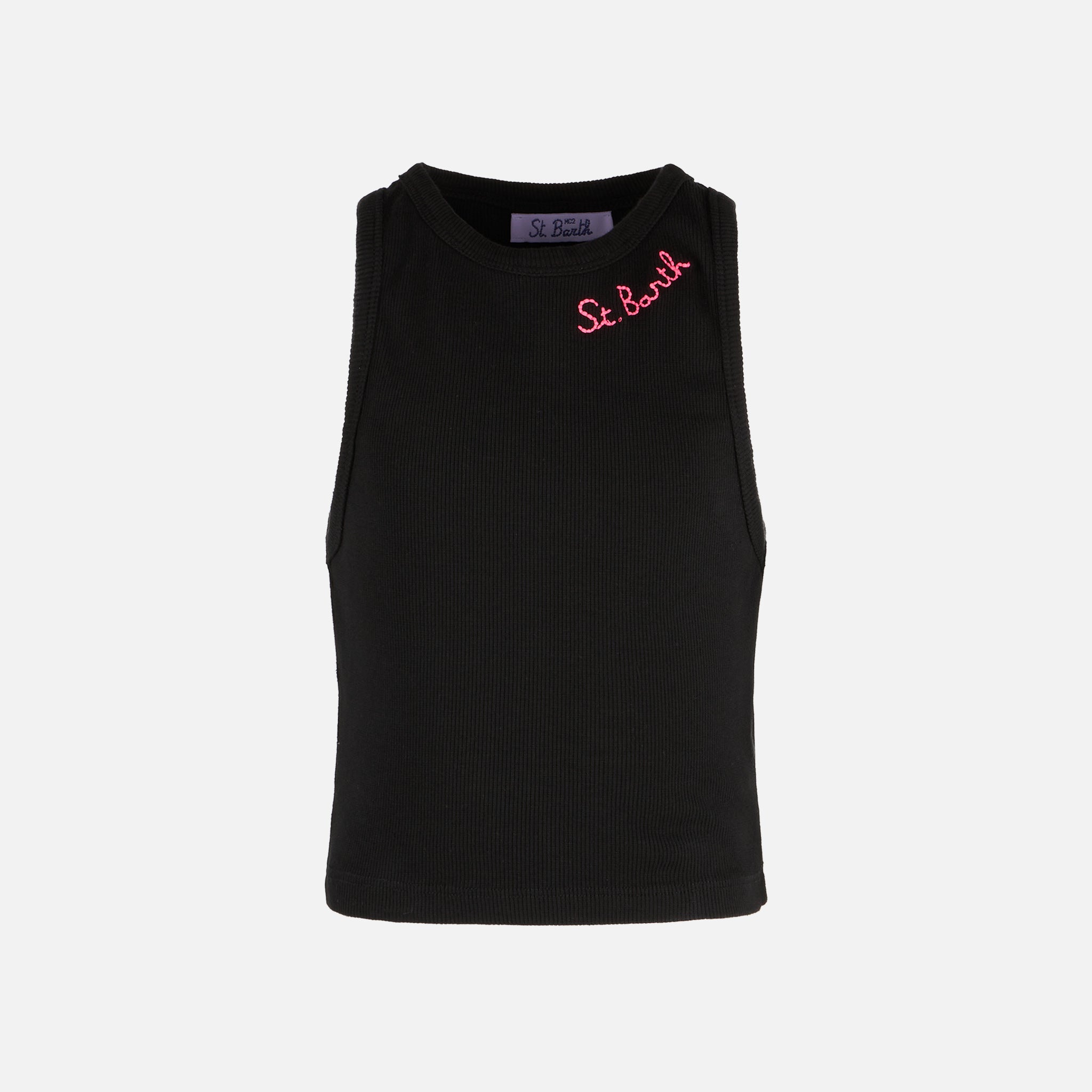 Cotton Crop Tank Top With St. Barth Embroidery Black T-shirt