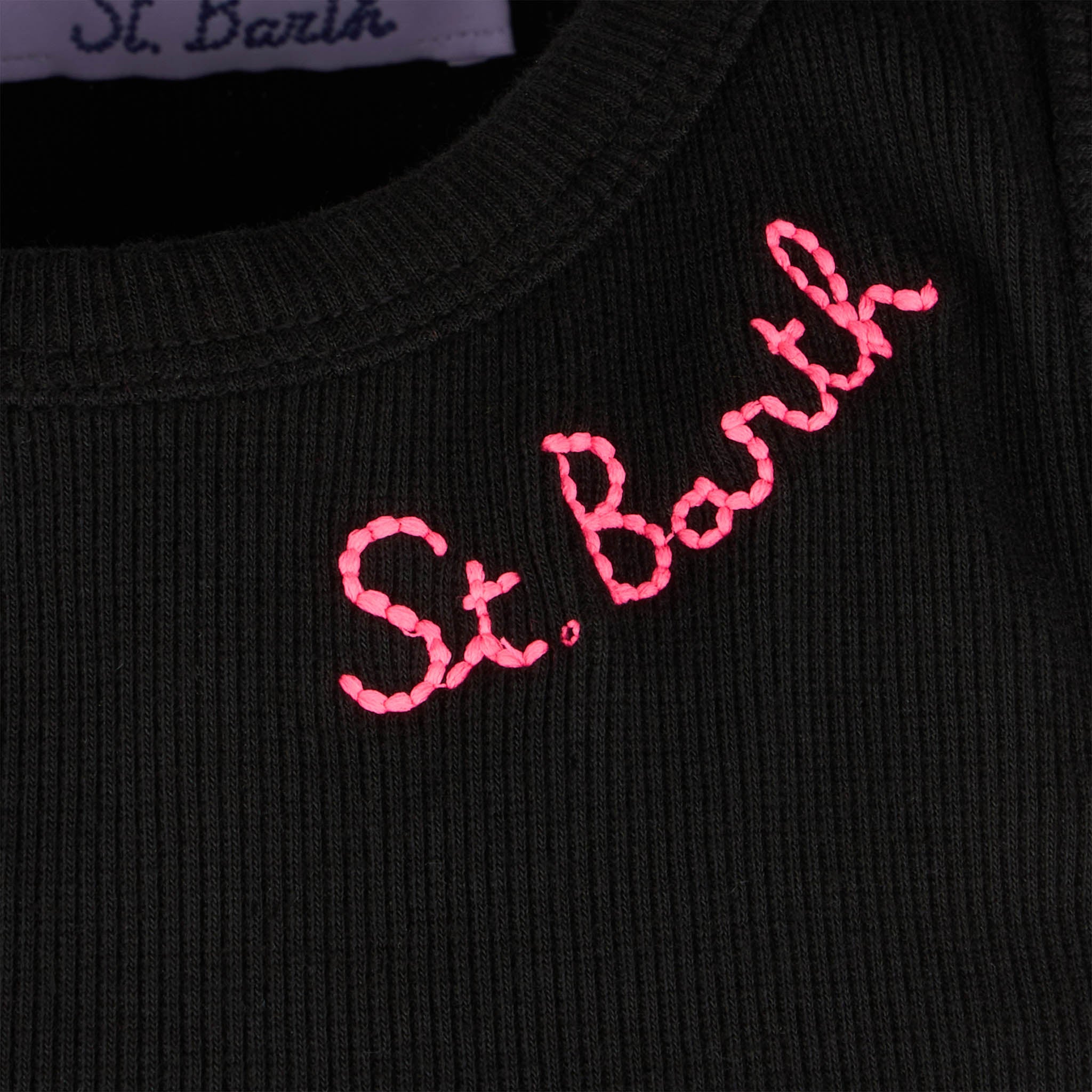 Cotton Crop Tank Top With St. Barth Embroidery Black T-shirt