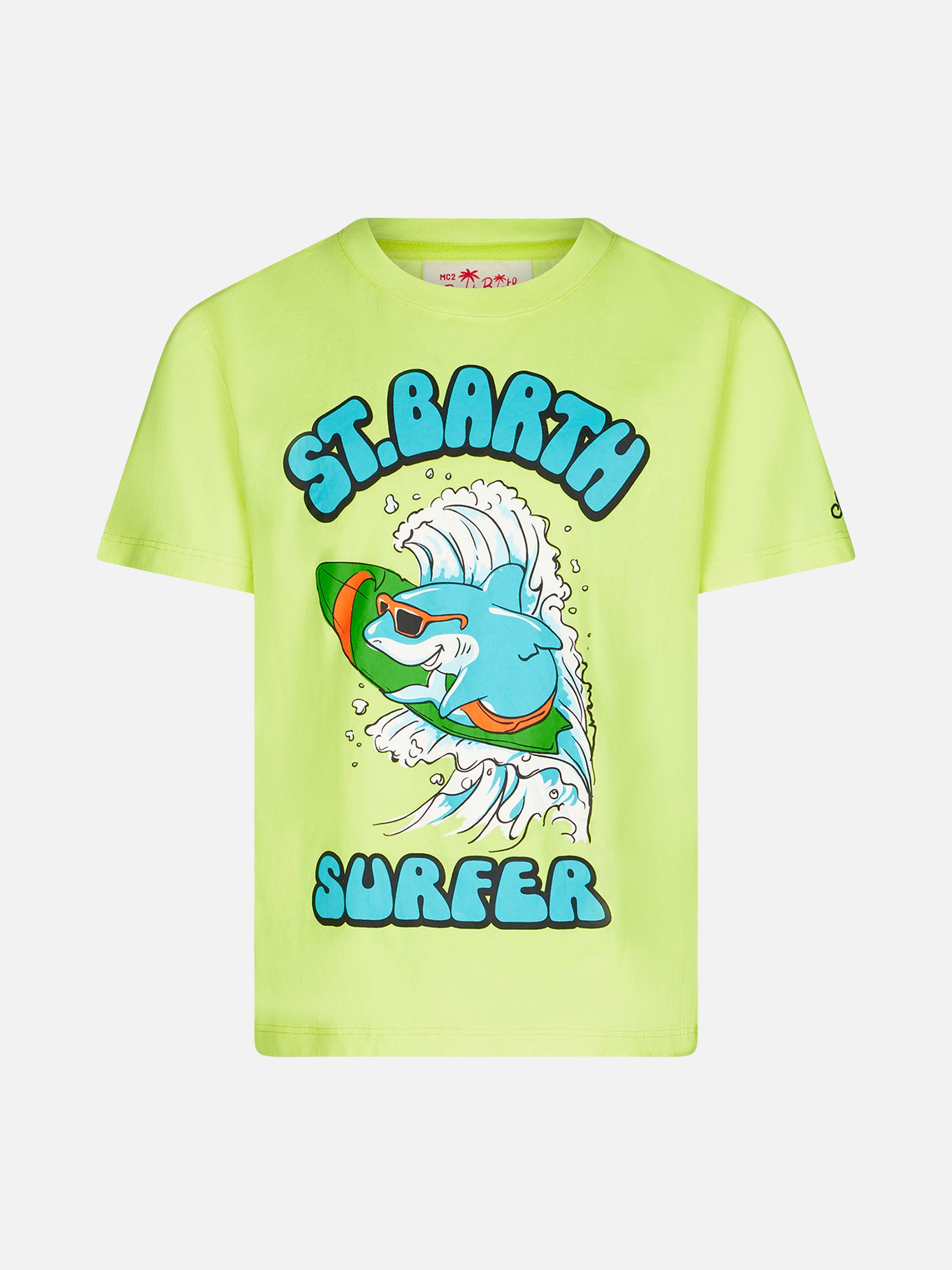 Boy Cotton T-Shirt With St. Barth Surfer Print Yellow