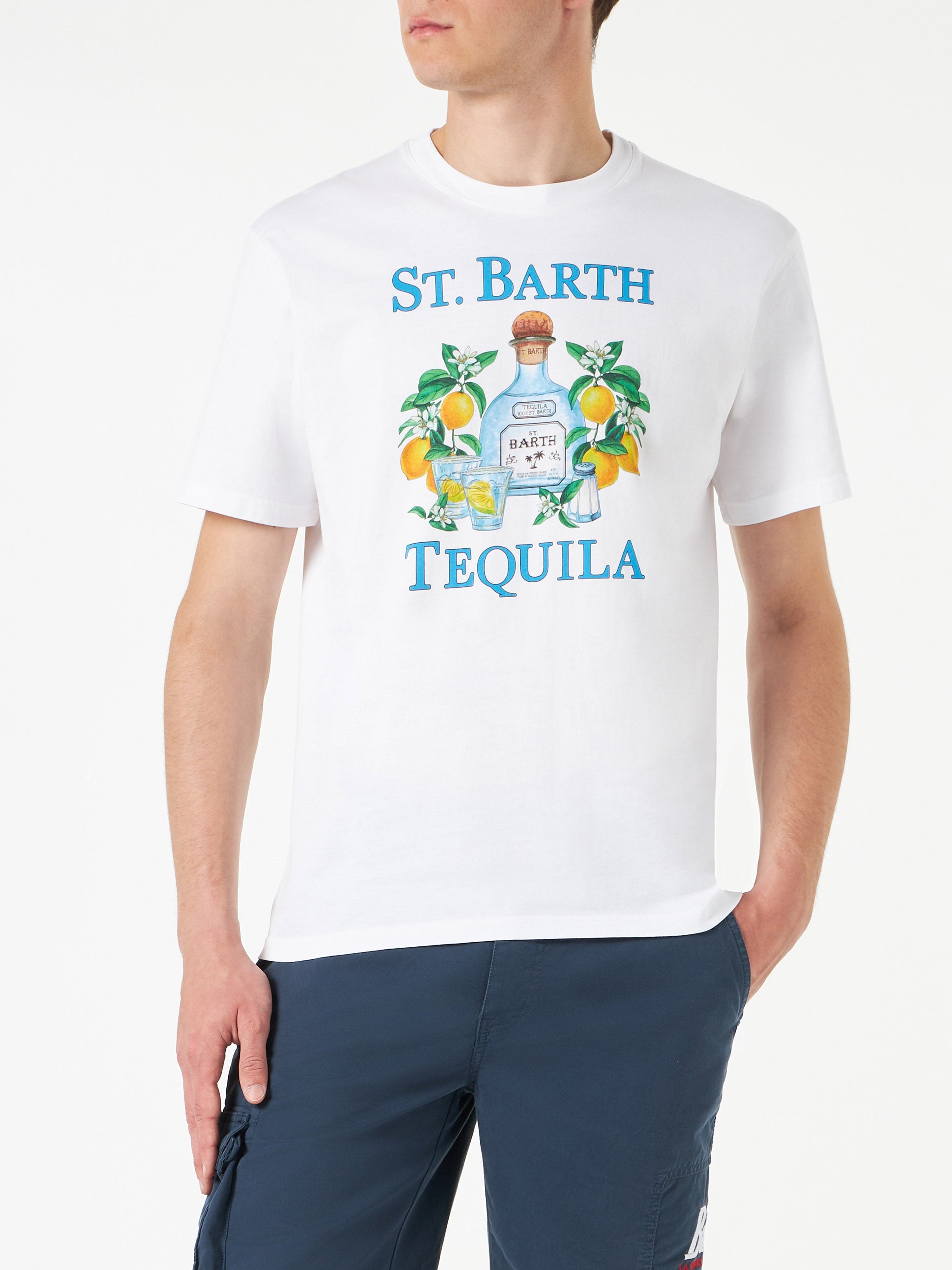 Man Cotton T-Shirt With St. Barth Tequila Print White