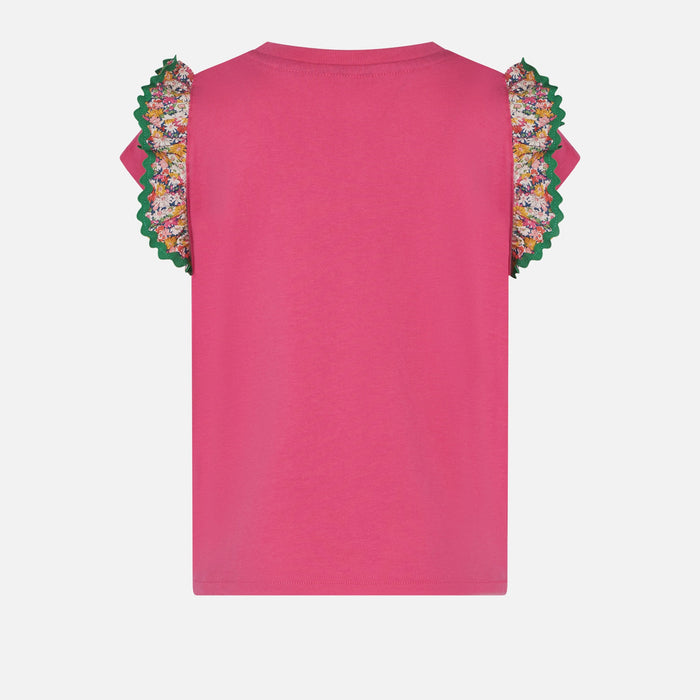 Girl Cotton T-Shirt With Flounce And Embroidery Pink