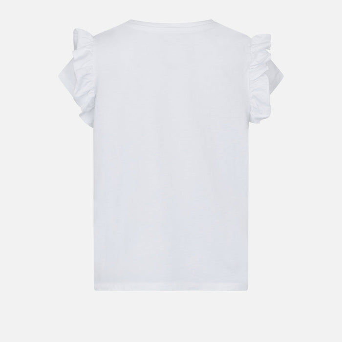 Girl Cotton T-Shirt With Flounce And Embroidery White