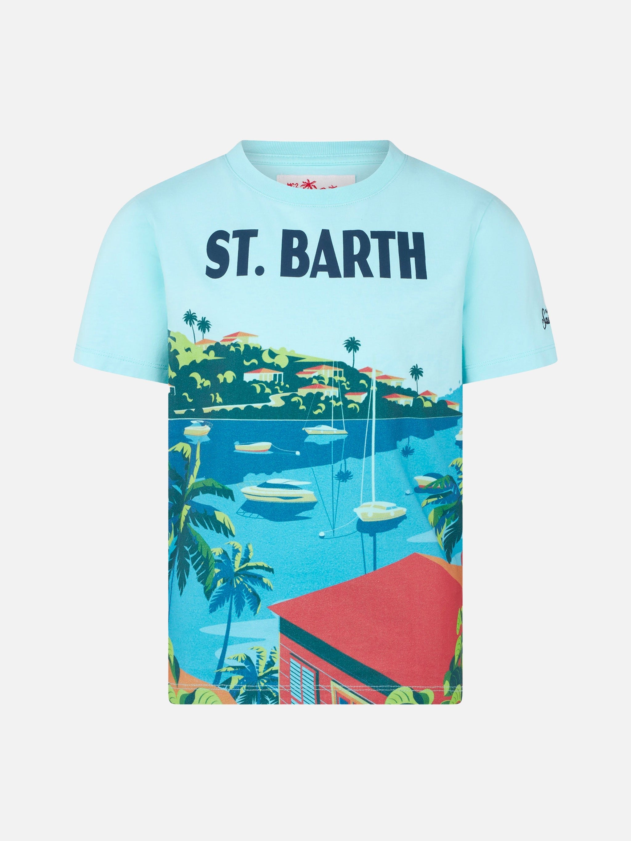 Boy Cotton T-Shirt With St. Barth Postcard Print Green