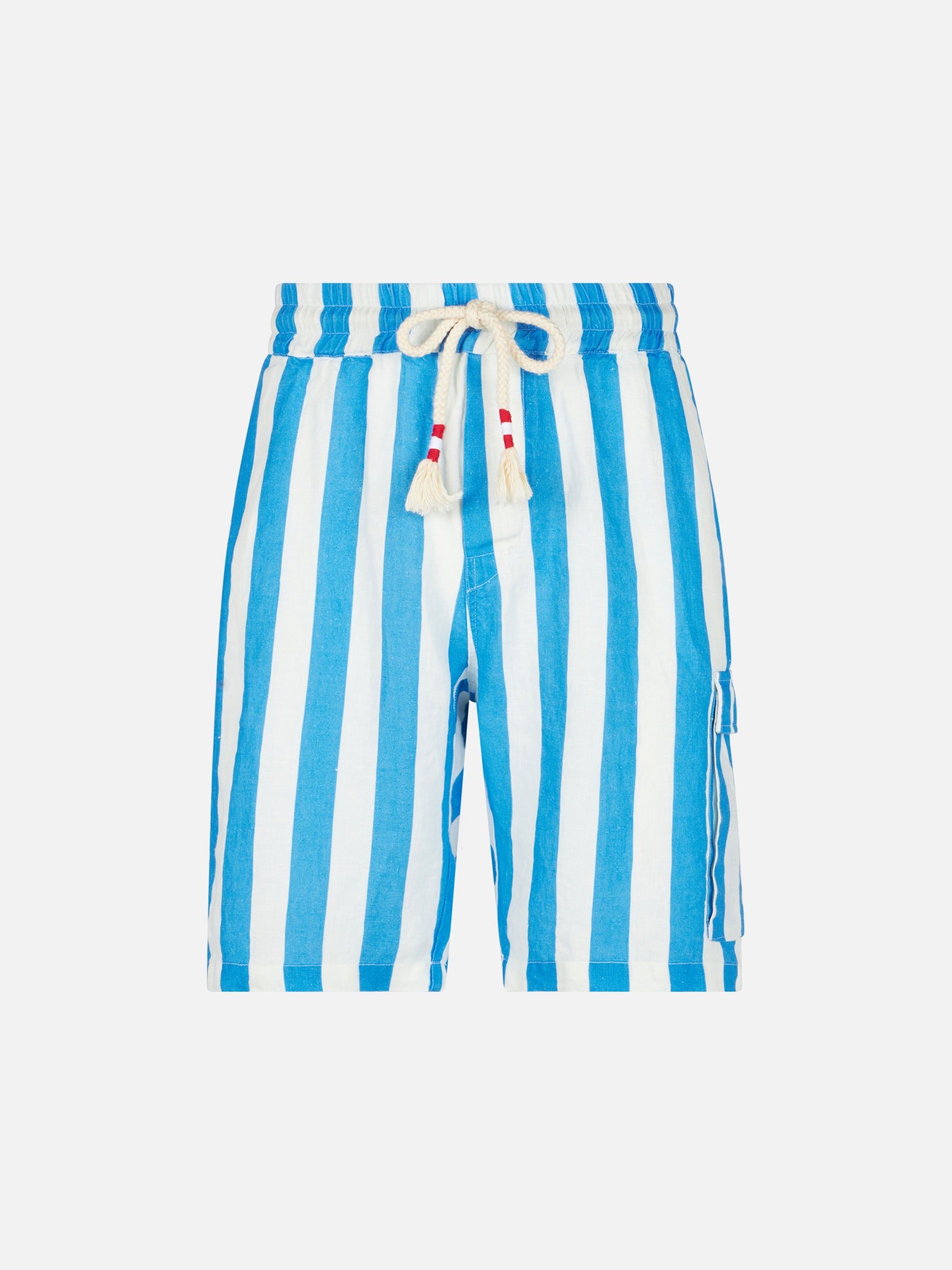Man Linen Bermuda Shorts With White And Bluette Stripes Blue Pant